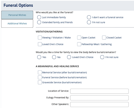 funeral options section in digicon