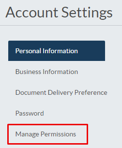 account settings menu with manage permissions option highlighted