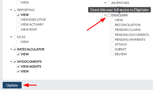 arrows pointing to permission checkboxes and the update button