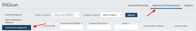 arrows pointing to the approvals and maintenance tab and the contract reassignment menu item